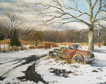 Watercolor Painting of Old Rusted Truck in Winter, Blooming Hill Farm New York, Car in Snow, Rustic Decor, Farm Decor, Art Print