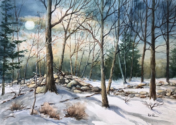 Moonlit Forest Watercolor Painting, Moonlight in the Woods, Rock Wall - Original or Print