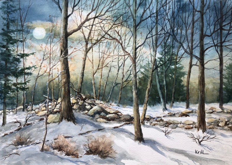 May include: A watercolor painting of a snowy forest scene with bare trees and a full moon in the sky. The trees are silhouetted against the moon, and the snow is covering the ground. The painting is done in a realistic style and has a peaceful and serene atmosphere.
