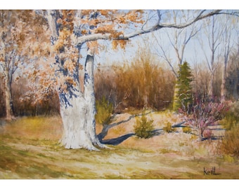 Giant Oak on Forest Edge Painting, Watercolor Wall Art - Print or Original