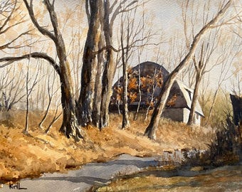 Woodland Barn Watercolor Landscape Painting / Rural Country Scene / Wall Art / Print or Original