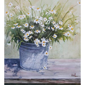 Bucket of Daisies Watercolor Painting, Ornamental Flowers, Botanical Watercolor, Flowers in a Tin Can, Floral Wall Art - Print or Original