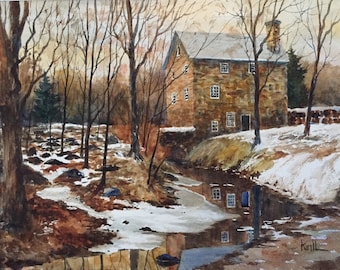 The Cooper Mill Watercolor Painting, Chester New Jersey, Historic Site, Black River, Winter Wall Art, Print or Original