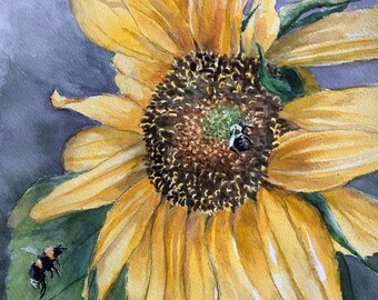 Giant Sunflower and Bumblebee Watercolor Painting Print