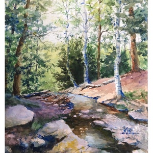Woodland Creek Watercolor Landscape Painting, Catskill Mountain Art, Pine Forest Greenery, Summer Stream, Wall Art - Print or Original
