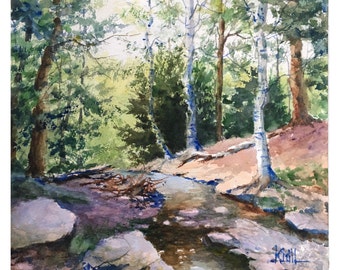 Catskill Mountain Watercolor Landscape Painting, Pine Forest Stream (Print or Original)