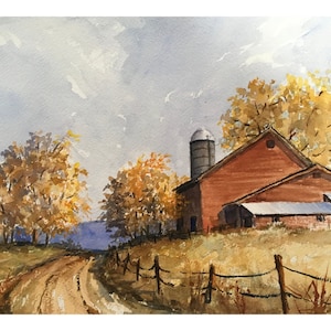 Country Road Painting, Vermont Farm House Barn and Silo, Watercolor Wall Art - Print or Original