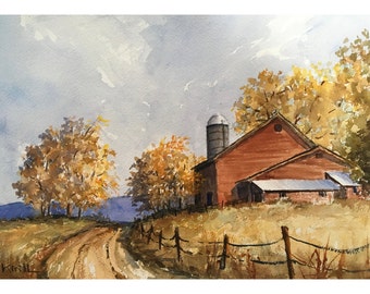 Vermont Farmhouse Watercolor Painting, Country Road Art Print