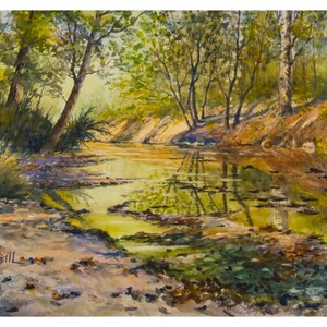 River Landscape Watercolor Painting, Musconetcong River New Jersey, Forest Greenery Painting, Wall Art Print
