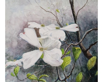 Watercolor Painting of Flowering Dogwood, Native Tree, Cornus florida painting, Native Plant Watercolor, Wall Art Print