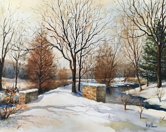 Winter Road Painting, Winter Landscape, Watercolor Wall Art - Print