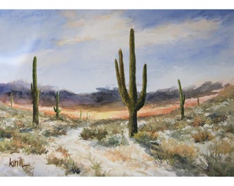 Sonoran Desert Landscape Watercolor Original Painting or Print, Desert Wall Art, Saguaro Cactus Decor