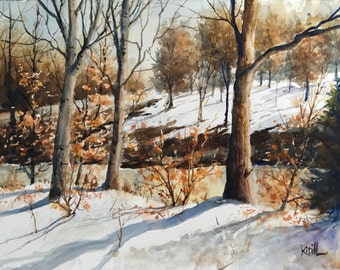 Winter on the Raritan River Painting, Snow Landscape, Winter Watercolor Wall Art - Print or Original