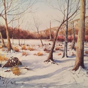 Frozen Pond, Winter Watercolor Wall Art - Print or Original