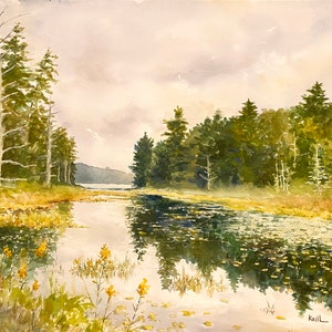 Adirondacks Wetland Watercolor Painting, Mountain Marsh with Goldenrod, Wilderness Lake Watercolor, Wall Art - Print or Original