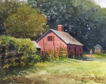 Summer Farmhouse Landscape Watercolor Painting, Wick House Jockey Hollow, Revolutionary War Historic Site, Wall Art - Print
