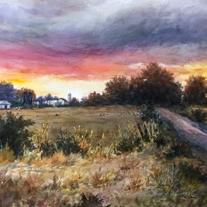 Sunset on a Rural Road Watercolor Landscape, Upper Wisner Road, Warwick, New York Farm Painting, Wall Art, Print or Original