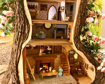 Made to order. Mouse House: Fully furnished tree stump house, based on the wonderful Brambly Hedge books. 1/24 scale, mice included.