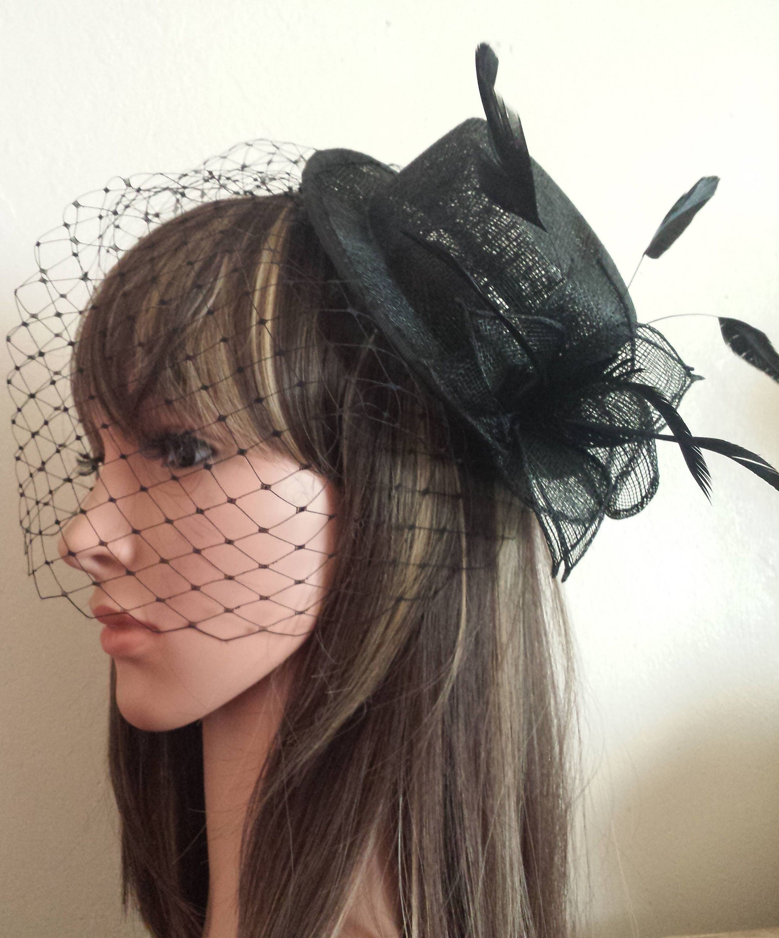 Birdcage veil . Top Hat Black Sinamay Fascinator. Flower Etsy