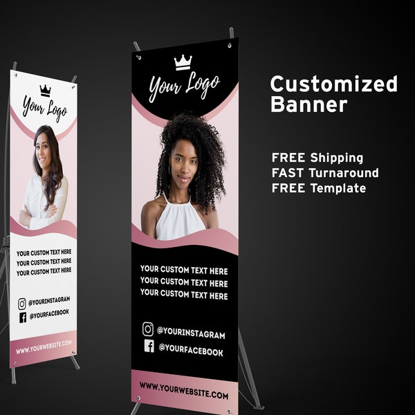 Pop up Shop Banner Stand with Design - Rose Gold Black or White