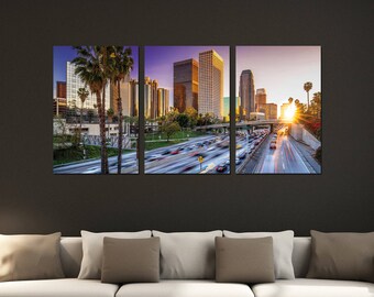 Los Angeles City, California Sunset Triptych 3 Panel Printed Canvas 1.5" Thick | Home, Office, Wall Decor Interior Design