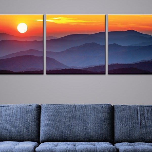 Blue Hills Mountain Sunset Triptych 3-Panel Printed Canvas 1.5" Thick | Home, Office, Wall Decor Interior Design, Nature, Landscape