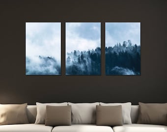 Blue Forest Fog Triptych 3-Panel Printed Canvas 1.5" Thick | Home, Office, Wall Decor Interior Design Gallery Wrap