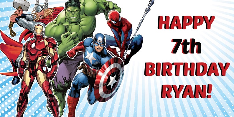 Personalized Marvel Avengers Birthday Banner Hanging Boys Super Hero Vinyl Comics Style
