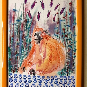 May include: A watercolor painting of an orange primate sitting in a forest setting. The primate has a long, flowing mane of orange hair and is surrounded by tall, thin trees. There are small, purple fish swimming in the air above the primate. The bottom of the painting features a row of blue and white flowers.
