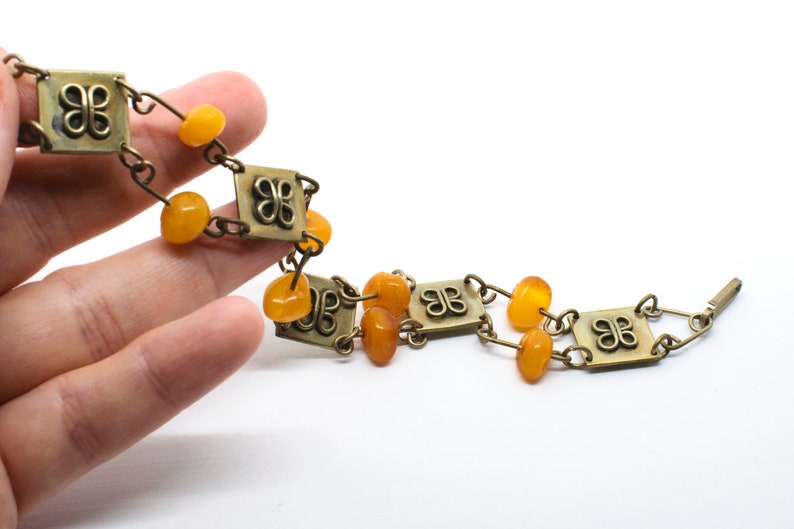 Vintage Signed Met Collectible Jewellery Metal Link Bracelet with Amber Bakelite Beads