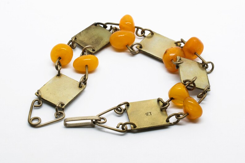 Vintage Signed Met Collectible Jewellery Metal Link Bracelet with Amber Bakelite Beads