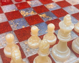 Chess and checkers set, hand poured boards and pieces, able to personalize,