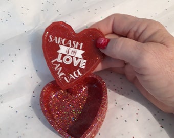 Epoxy Resin heart shapped trinket box, raspberry  glossy glitter, cute quote or personalized saying on the inner lid