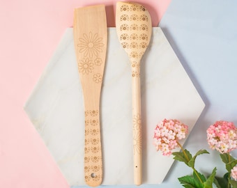 Floral Wedding Gift, Geometric Floral Wooden Utensil Set, Foodie Gift, Summer Salad Servers