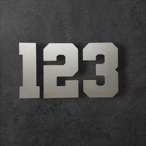 May include: Silver metal house number plaque with the number 123.