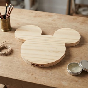 Puede incluir: Una tabla de madera de color claro con forma de cabeza de ratón y orejas redondeadas. La tabla presenta un acabado liso de veta natural y tiene el texto HANDMADE - PINE estampado en tinta negra en el borde inferior de la parte frontal.