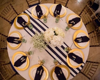 Navy and white striped wedding table runners.
