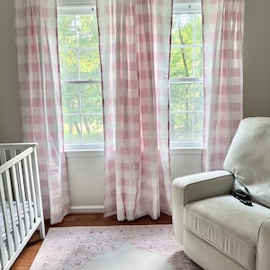 one pair pink and white buffalo check curtains