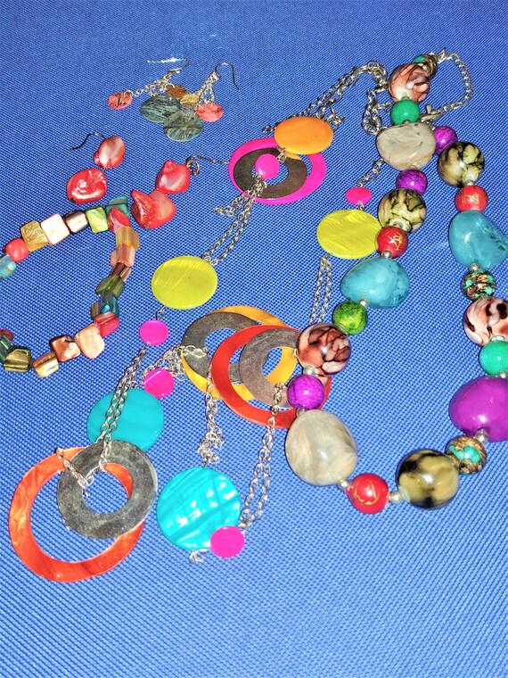 Colorful Jewelry Lot 2 Necklaces 1 Bracelet 2 Pairs of Etsy