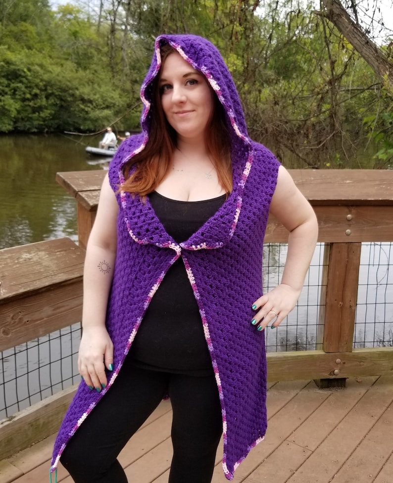 1X Crocheted Handmade Hooded Fest Vest Duster Length Purple XL One size Large