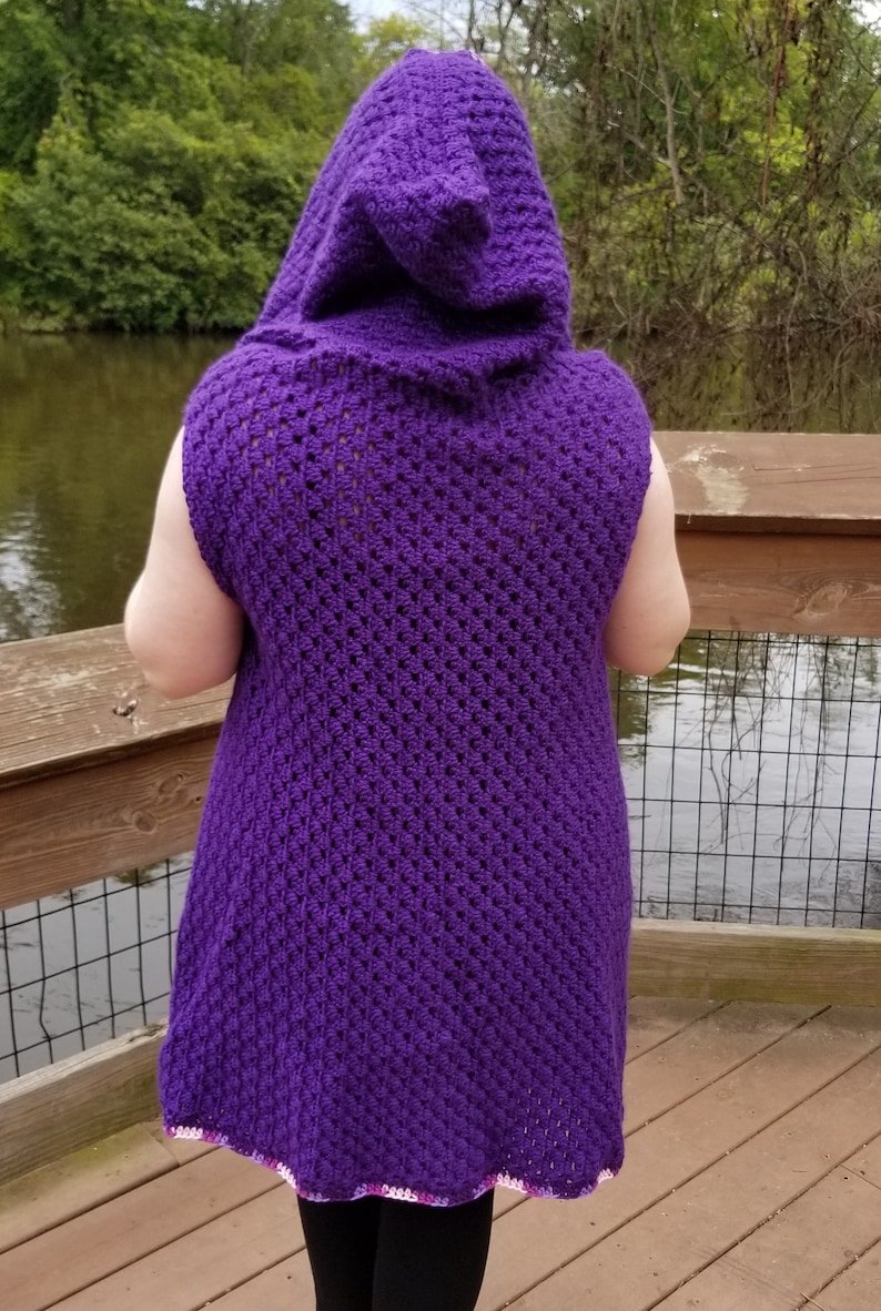 1X Crocheted Handmade Hooded Fest Vest Duster Length Purple XL One size Large