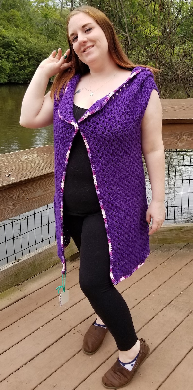 1X Crocheted Handmade Hooded Fest Vest Duster Length Purple XL One size Large
