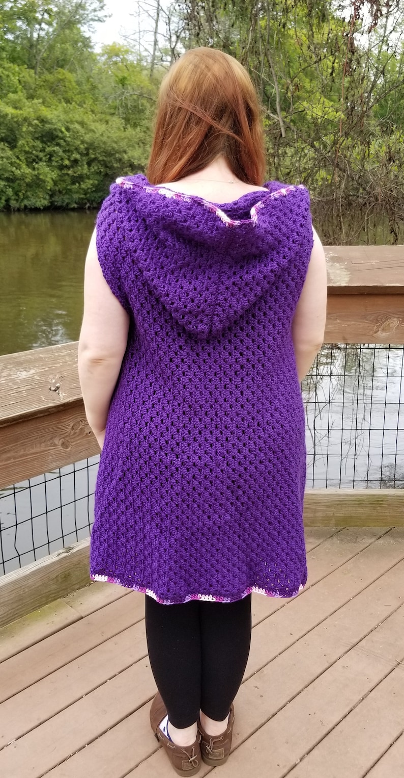 1X Crocheted Handmade Hooded Fest Vest Duster Length Purple XL One size Large