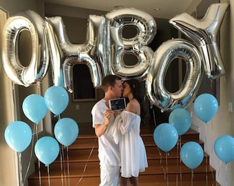 Giant OH BOY Balloons - 34" or 14" Inch Mylar Balloons in Letters O-H-B-O-Y - Silver or Gold - Baby Shower Balloons, Baby Shower Decorations