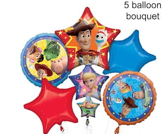 Toy Story Balloon Bouquet - 5 Piece Bouquet - Toy Story Theme - Disney Pixar Toy Story Birthday Toy Story Party Woody Balloon Buzz Lightyear