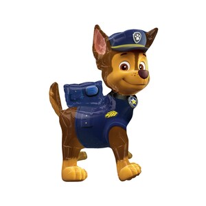 May include: A brown and tan cartoon dog wearing a blue police uniform with a yellow badge and a blue hat. The dog is holding a blue backpack.