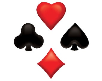 May include: Four playing card suit symbols in red and black. A red heart, a black spade, a black club, and a red diamond.