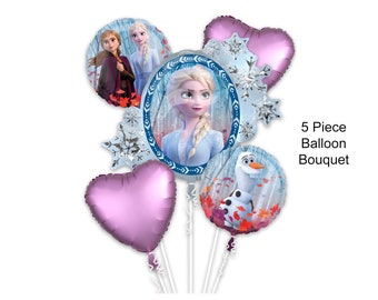 Elsa , Anna  & Olaf Frozen II Balloon Bouquet - 5 Piece Balloon Bouquet - Frozen II Theme - Disney Frozen Birthday