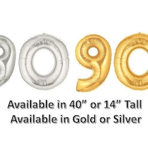 90 Balloon Number, Gold or Silver, 40&quot; or 14&quot; tall  Birthday Balloon, Birthday Party, 90th Birthday, Anniversary, Balloon Banner, Photo Prop