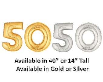 50 Balloon Number, Gold or Silver, 40" or 14" High Birthday Balloon, Birthday Party, 50th Birthday, Anniversary, Balloon Banner, Photo Prop
